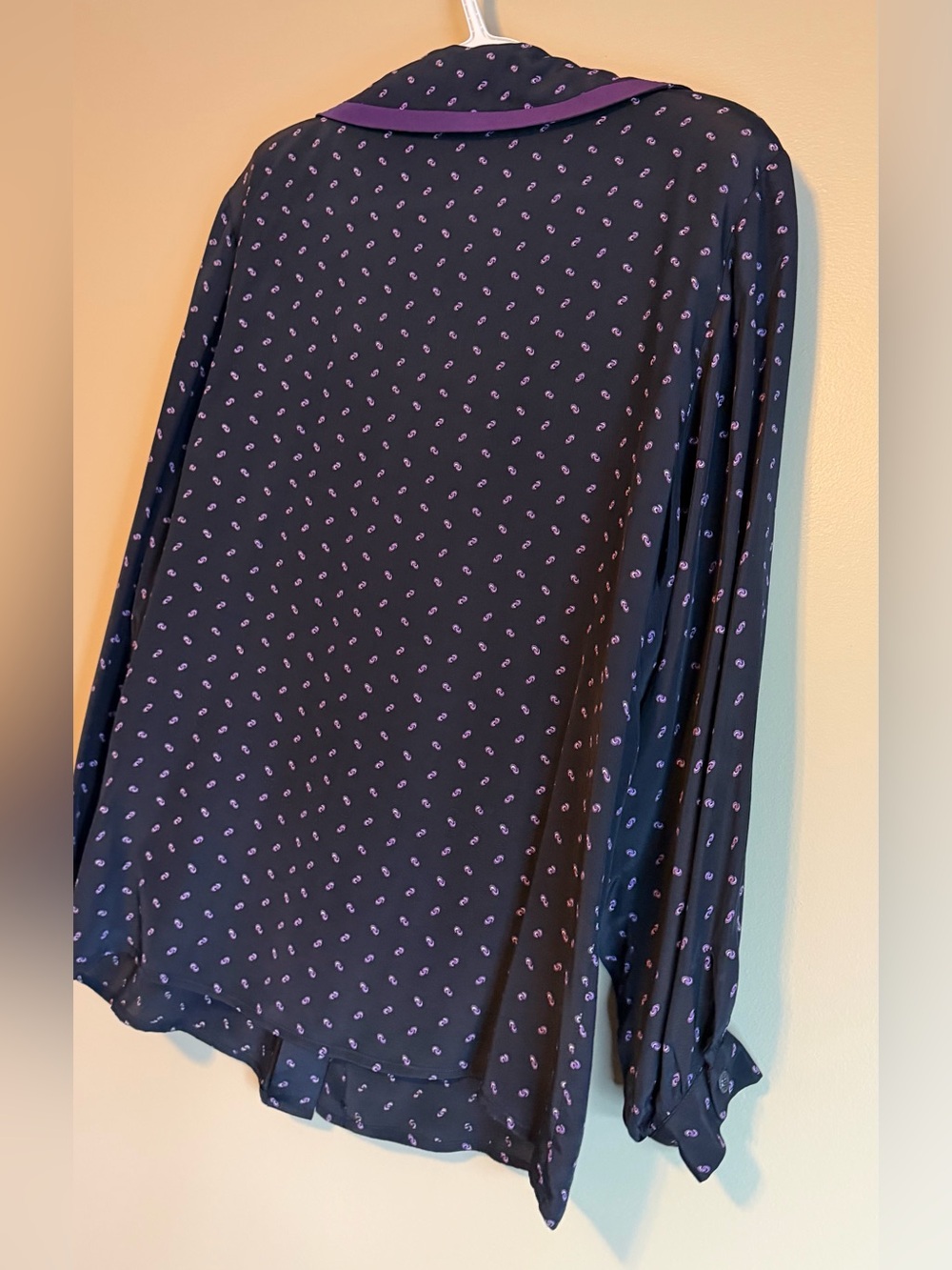 Vintage 80’s Louben Black & Purple Paisley Scroll Print Oversized Collar Blouse - Picture 8 of 10
